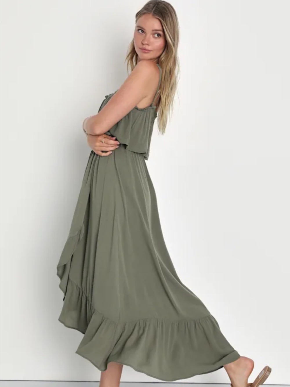 NWT Lulus Sincerely Yours Olive Green Ruffle Midi Dress Size Small Sundress - Picture 14 of 14